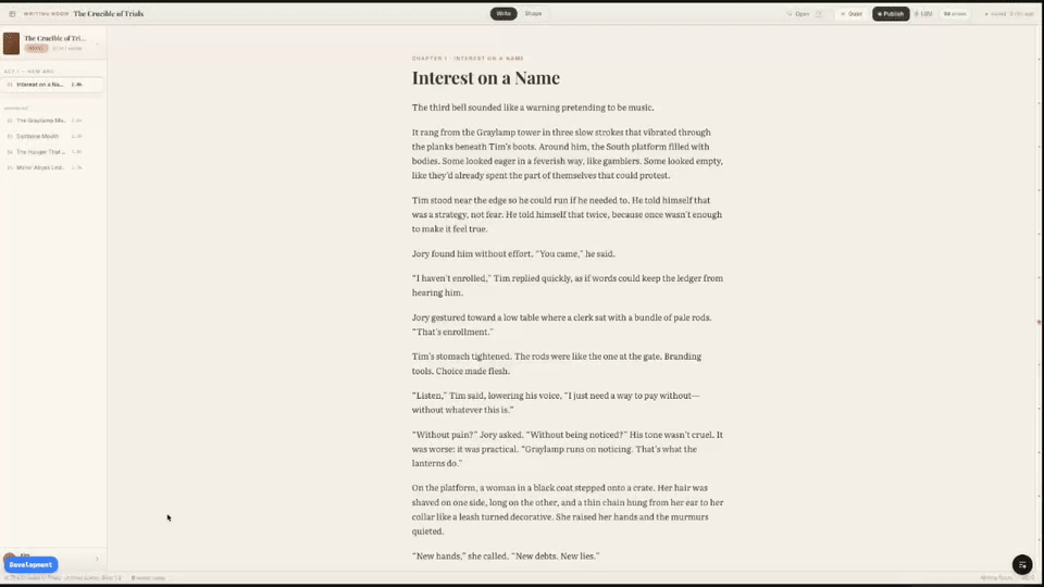 The Creader composer with a chapter open in the writing room — manuscript, chapter list, and the Write, Plan, and World tabs.